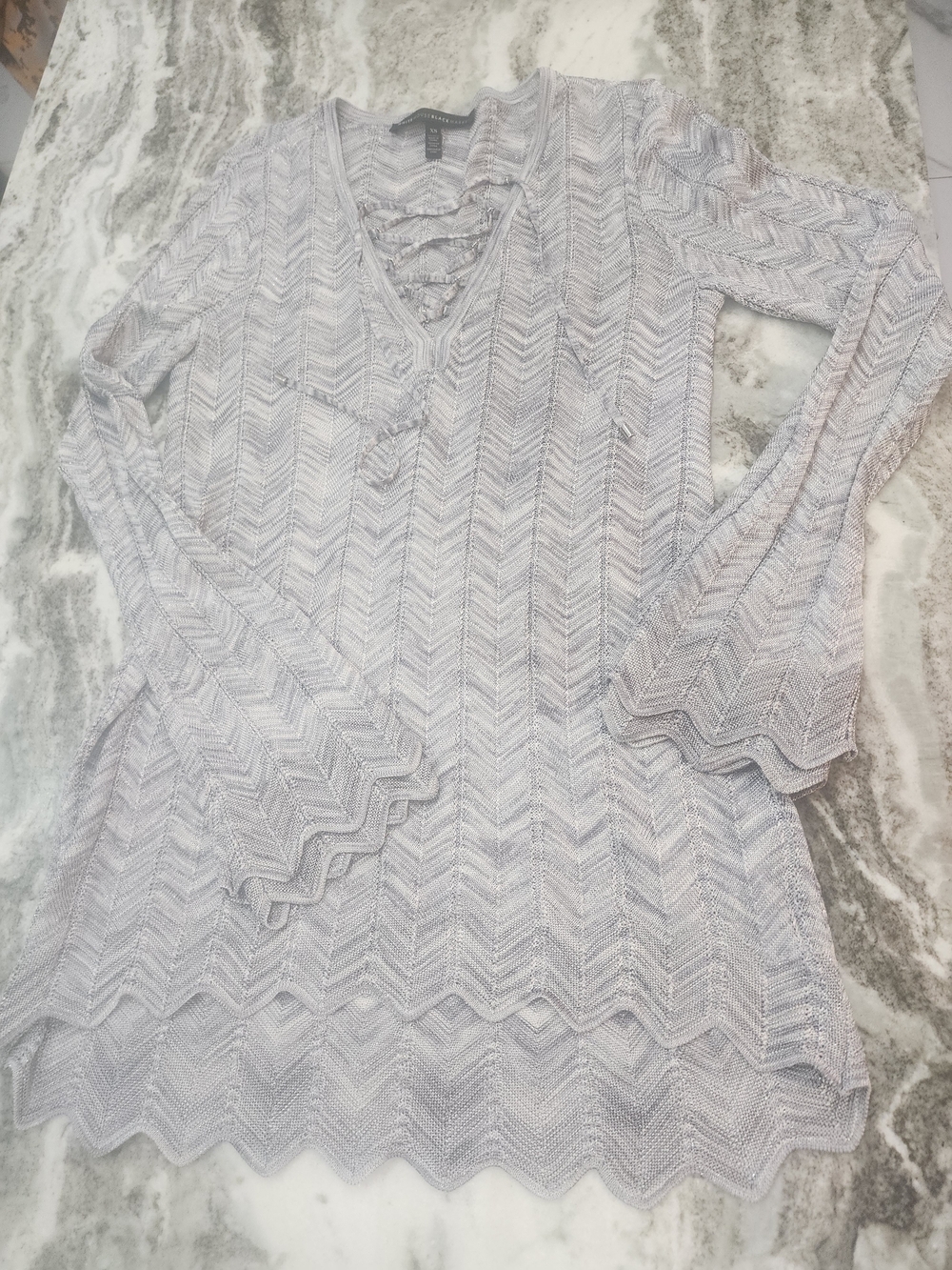 White House Black Market Light Gray Chevron Lace-Up V-Neck Knit Top